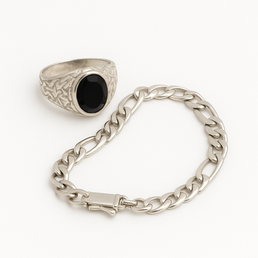 Pack Anillo Oval labrado y Pulsera Fígaro de Plata 950
